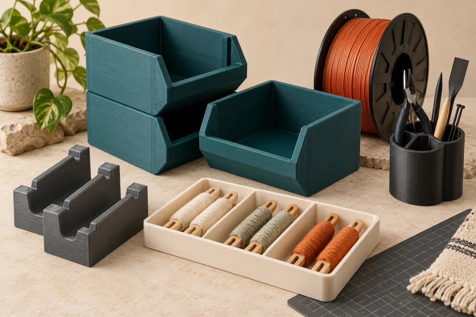 Concept scene of a maker’s workbench with 3D printed accessories